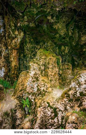 Photo Of Old Stone Texture With Moss In Cave