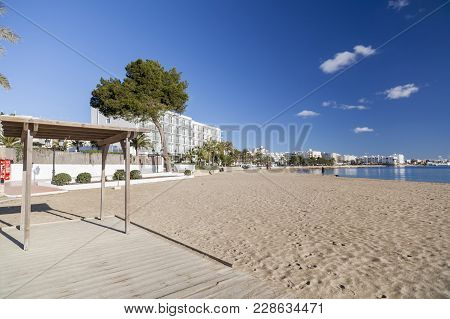 Santa Eularia Des Riu, Spain- January 12, 2018: Mediterranean Beach In Balearic Town Of Santa Eulari