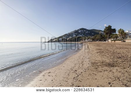 Santa Eularia Des Riu, Spain- January 12, 2018: Mediterranean Beach In Balearic Town Of Santa Eulari