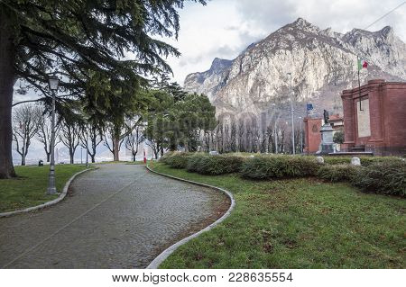 Lecco, Italy- January 10,2018: Promenade Close To Lake Como In Lecco, Italy.