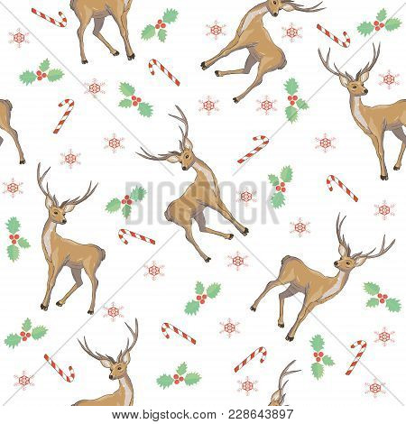 Christmas Deer Vector Seamless Pattern Illustration. Reindeer Vector Head With Horn And Santa Hat