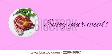 Raw Pork Steak On White Plate. Color Background