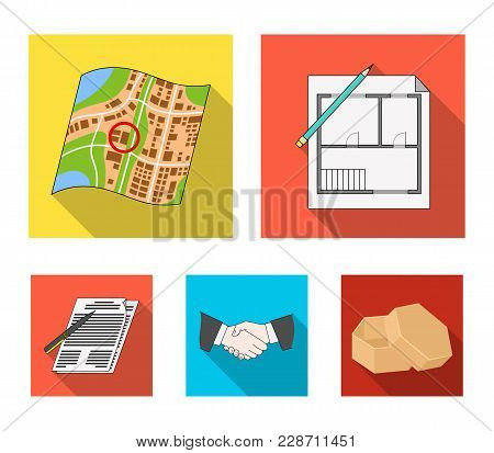 House Plan, Documents For Signing, Handshake, Terrain Plan. Realtor Set Collection Icons In Flat Sty