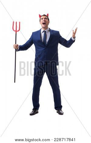 Evil devil businessman with pitchfork isolated on white backgrou