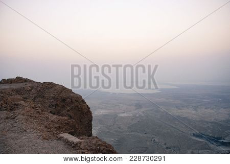 Horizontal Picture Of  The Mountains, Judaean Desert And Dead Sea During Sunrise Time In Massada, Is