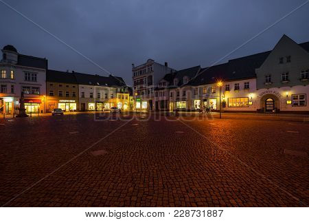 Senftenberg, Germany - February 08, 2018: Night Streets Of The Old Town. The Ancient City Of Senften