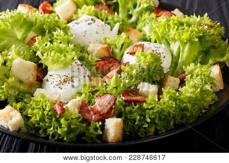 French Salad  Lyonnaise With Lettuce, Croutons And Eggs Poached Macro. Horizontal