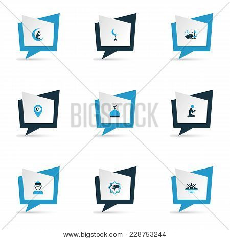 Holiday Icons Colored Set With Prayer, Mullah, Religion And Other Mosque Elements. Isolated Vector I