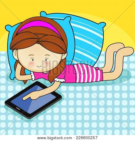 Young Lazy Woman Lies On The Bed And Looks At The Movie On The Tablet.