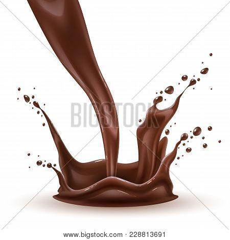 Vector Realistic Chocolate Splash, Pouring Liquid Chocolate Whirl, Melted, Molten Cocoa Flow. High D