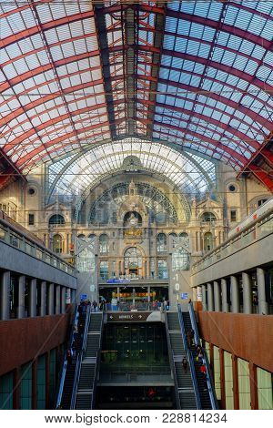Antwerp, Belgium - February 2018: Tourists And Commuters Travelling By Train Seen In The Inside Of T