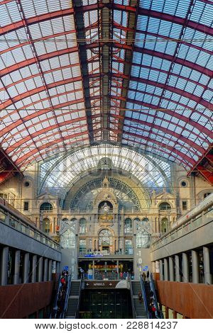 Antwerp, Belgium - February 2018: Tourists And Commuters Travelling By Train Seen In The Inside Of T