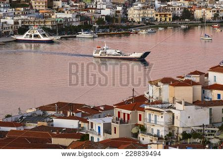 Poros, Greece - January 19, 2018: View Of Poros Village On Poros Island In Greece On January 19, 201