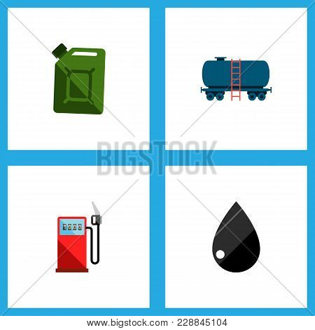 Icon Flat Petrol Set Of Jerrycan, Tanker, Gas Station And Other  Objects. Also Includes Oil, Jerryca