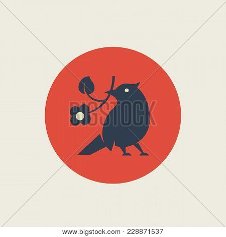 Flat Style Abstract Vector Sign, Symbol Or Logo Template. Minimalism Bird Holding A Flower Silhouett