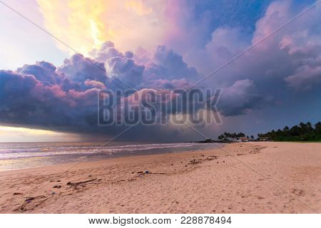Ahungalla Beach, Sri Lanka, Asia - Colorful Clouds And Light During Sunset At The Beach Of Ahungalla