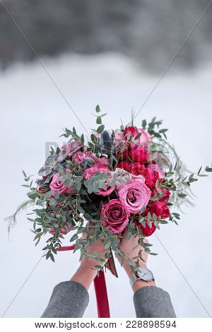 Beautiful Lush Bouquet With Roses And Eucalyptus