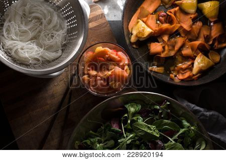 Funchos And Pickled Carrots, Ginger And Lettuce Close-up. Asian Cuisine Horizontal