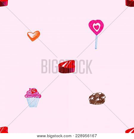 Colored Hand Drawn Markers Sweets On The Pink Background Seamless Pattern