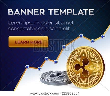 Cryptocurrency Editable Banner Template. Bitcoin. Ripple. 3d Isometric Physical Bit Coins. Golden Bi