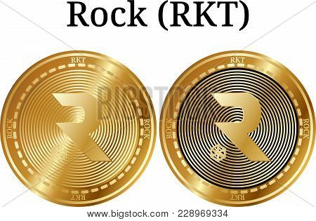 Set Of Physical Golden Coin Rock (rkt), Digital Cryptocurrency. Rock (rkt) Icon Set. Vector Illustra