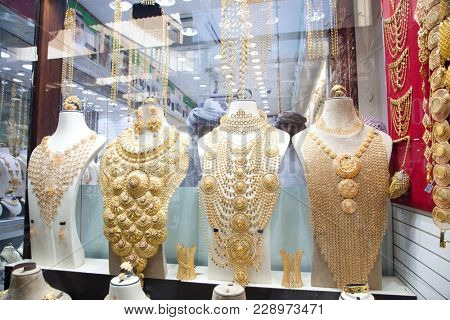 DUBAI,UAE - FEBRUARY 2018: gold and jewel are sold in the Dubai souk. Gold souk consists of 300 retailers.