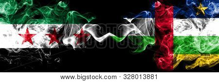 Syrian Arab Republic Vs Central African Republic Smoke Flags Placed Side By Side. Thick Colored Silk