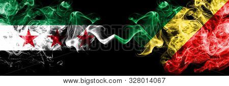 Syrian Arab Republic Vs Congo, Congolese Smoke Flags Placed Side By Side. Thick Colored Silky Smoke 