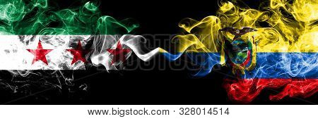 Syrian Arab Republic Vs Ecuador, Ecuadorian Smoke Flags Placed Side By Side. Thick Colored Silky Smo