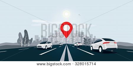 Traffic Cars On Highway To City Skyline Landscape Motorway Panoramic Horizon View. Vector Cartoon Il