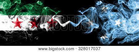 Syrian Arab Republic Vs Micronesia, Micronesian Smoke Flags Placed Side By Side. Thick Colored Silky