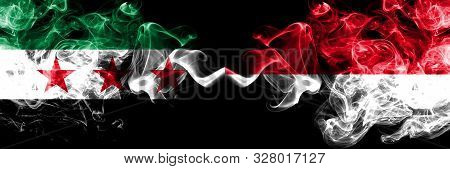 Syrian Arab Republic Vs Monaco, Monacan Smoke Flags Placed Side By Side. Thick Colored Silky Smoke F