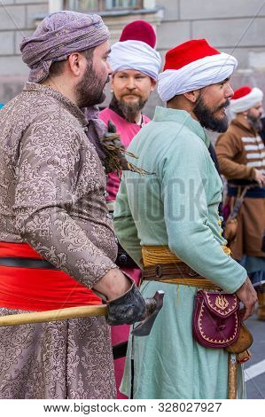Timisoara, Romania - September 28, 2019: Men Dressed In Turkish Medieval Infantry Soldier With Unifo