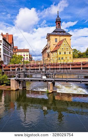 Bamberg. Scenic View Of Old Town Hall Of Bamberg (altes Rathaus) With Two Bridges Over The Regnitz R