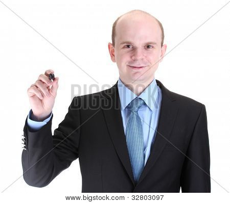 podnikatel psaní na obrazovce izolovaných na bílém