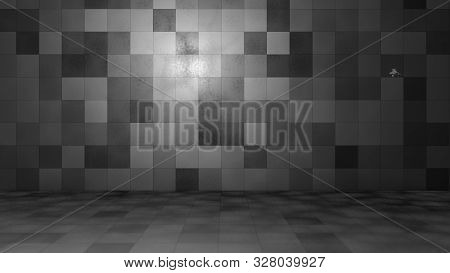 Empty Windowless Interior, Wall And Floor Made Of Tiles. 3d Illustration
