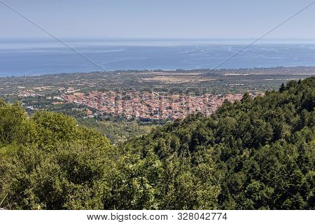 Landscape. Scenic View From The Height Mount Olympus Of The Town Of Litochoro And Sea On A Summer Da
