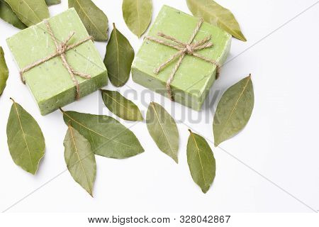 Organic Natural Handmade Bay Laurel Soap With Olive Oil And Leaves On Burlap Sack, Daphne Soap Body 