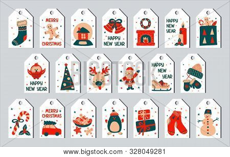 Vector Illustration - New Year And Christmas Set Of Gift Tags In The Style Of Scandinavian Simple Ha