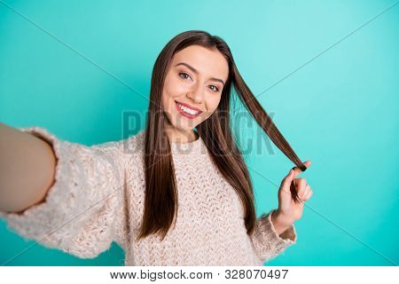 Close Up Photo Of Charming Lovely Girl Coquette Make Selfie Video Call To Her Followers Wear Knitted