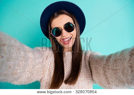 Close Up Photo Of Retro Vintage Cool Blogger Take Selfie Flirt Her Sweethearts Wear Knitted Woolen J