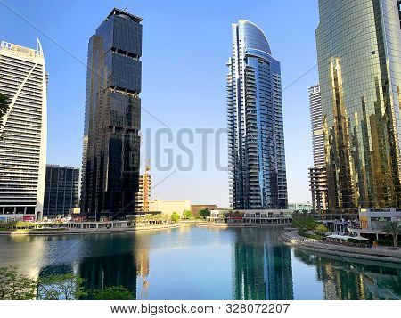 Dubai / Uae - October 15, 2019: View Of Jumeirah Lakes Towers Skyscrapers With Waterfront. Residenti