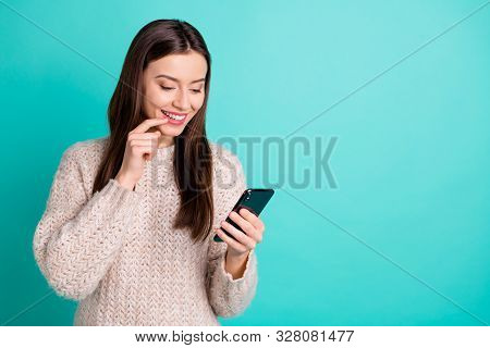 Turned Photo Of Inspired Lovely Positive Girl Use Her Cellphone Read Post From Feednews Wear Knitted