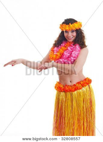Magnifique jeune danseuse Hawaii isolé on white