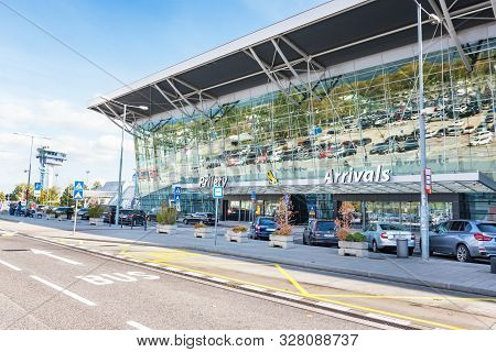 Bratislava, Slovakia - October 6 2019: Cars Parked In Front Of Arrivals Hall Of Bratislava Airport T