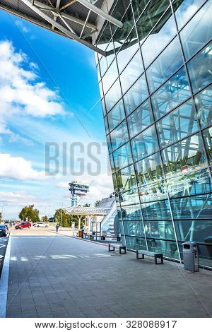 Bratislava, Slovakia - October 6 2019: Sidewalk In Front Of Arrivals Hall Of Bratislava Airport Term