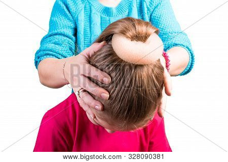 The Process Of Modeling Hairstyles With Babette. Isolated On A White Background.