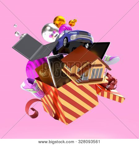 Illustration Of Flying Prezentation Box With Gifts. 3d-rendering