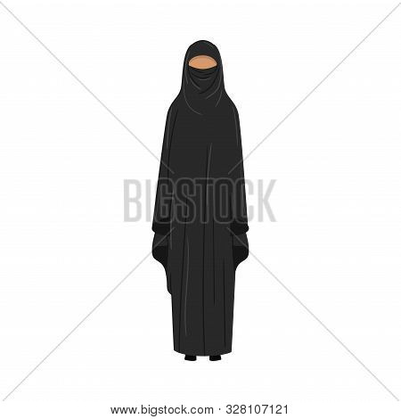 Muslim Girl In A Traditional Ethnic Black Niqab. Vector Illustration In Flat Cartoon Style.