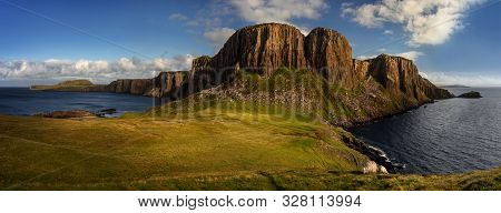 Panorama Of Cliffs Of Rubha Hunish Cape In Sunny Day, Isle Of Skye, Scotland